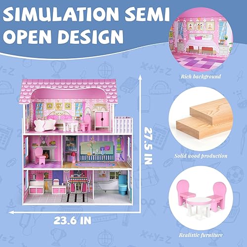 Miniatura 4 de Casa de muñecas de madera para niñas, juego de casa de muñecas de 3 pisos con muebles y accesorios, casa rosa de madera grande para niños, kit de