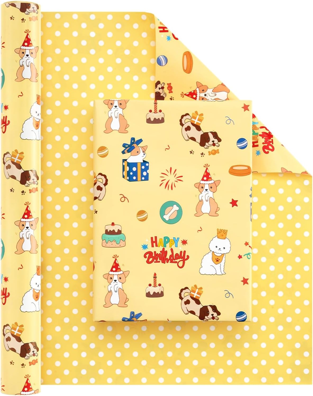 WERNNSAI Dog Wrapping Paper Roll - 1 Roll 17” x 33 ft Reversible Happy Birthday Wrapping Paper Roll Kids Birthday Gift Wrap Boys Puppy Wrapping Paper Roll Jumbo Roll Wrapping Paper Polka Dot Design