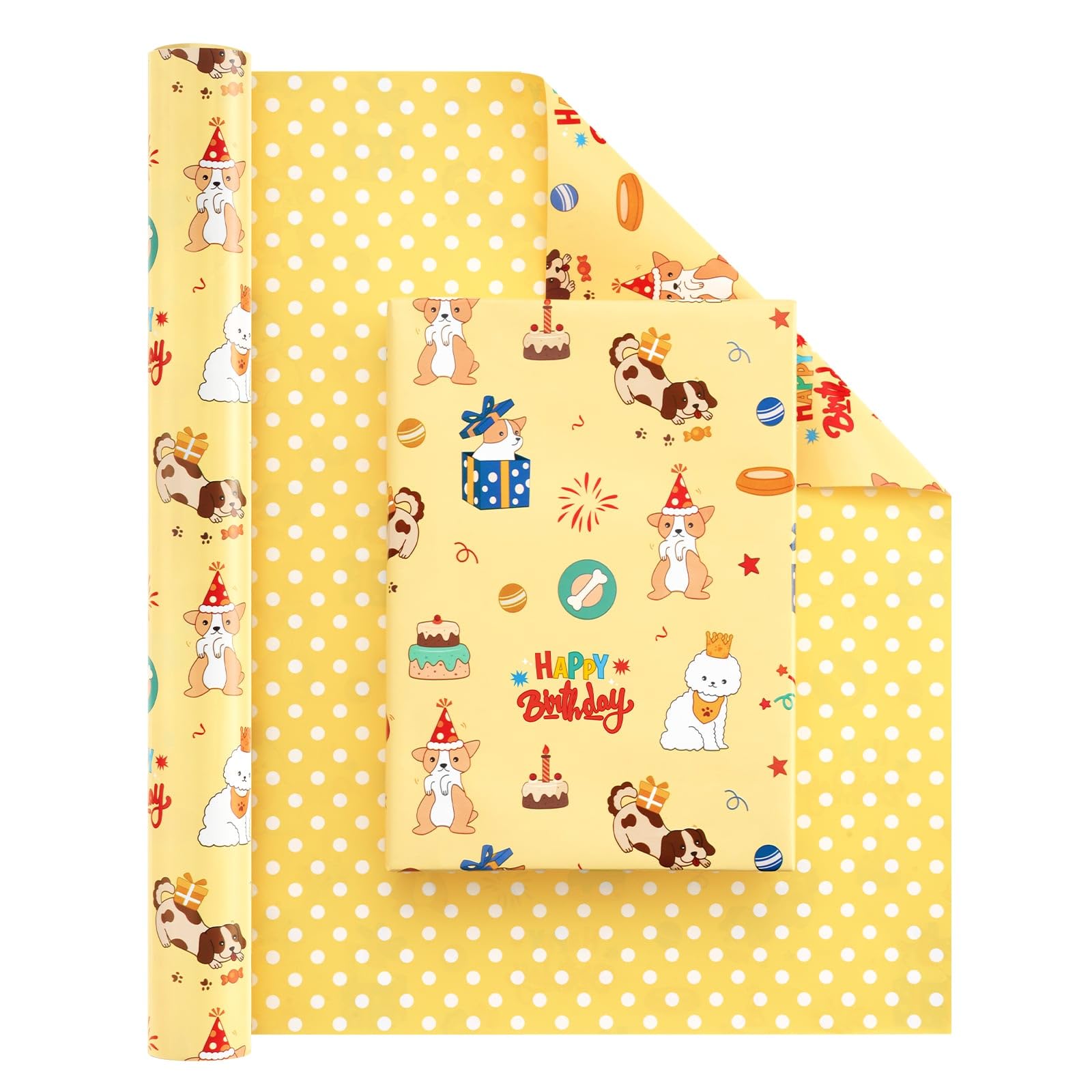 WERNNSAI Dog Wrapping Paper Roll - 1 Roll 17” x 33 ft Reversible Happy Birthday Wrapping Paper Roll Kids Birthday Gift Wrap Boys Puppy Wrapping Paper Roll Jumbo Roll Wrapping Paper Polka Dot Design