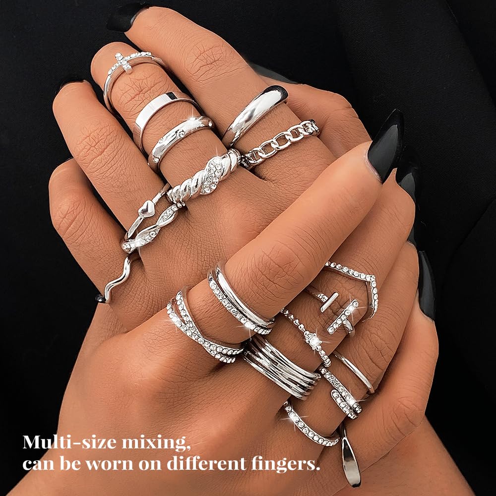 KISS WIFE Golden Stackable Knuckle Rings Set for Women, Boho Trendy Dainty Midi Rings Pack Sparkling Aesthetic Women's Stacking Rings Bulk Costume Jewelry: Silvery-Sparking