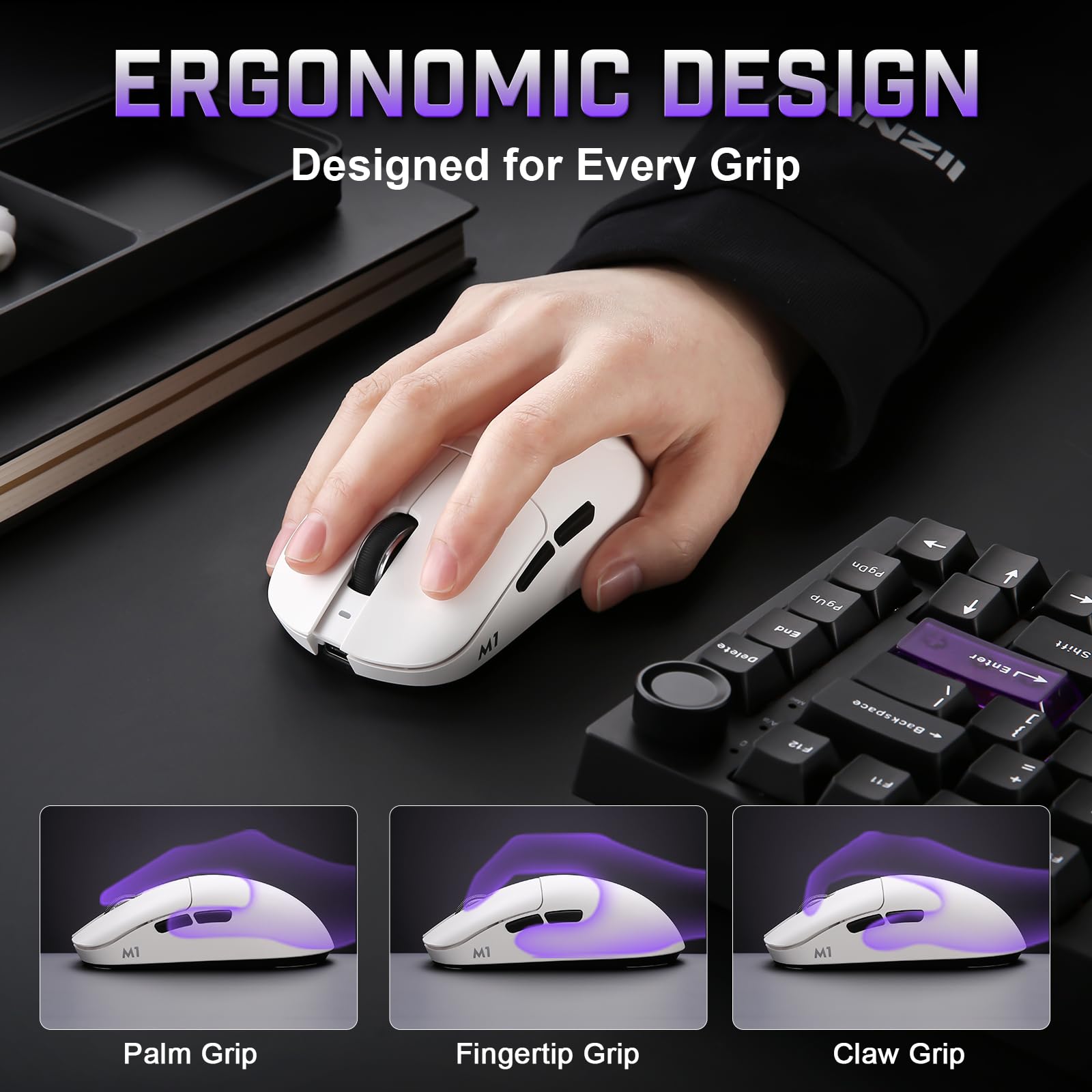 YUNZII M1 Mouse Gaming Wireless Ricaricabile, Leggero Triplo Modo Bluetooth 5.0/2.4G/USB-C per PC, 10000 DPI Regolabile, 5 Pulsanti Programmabili, Software per Windows e Mac (Bianco)