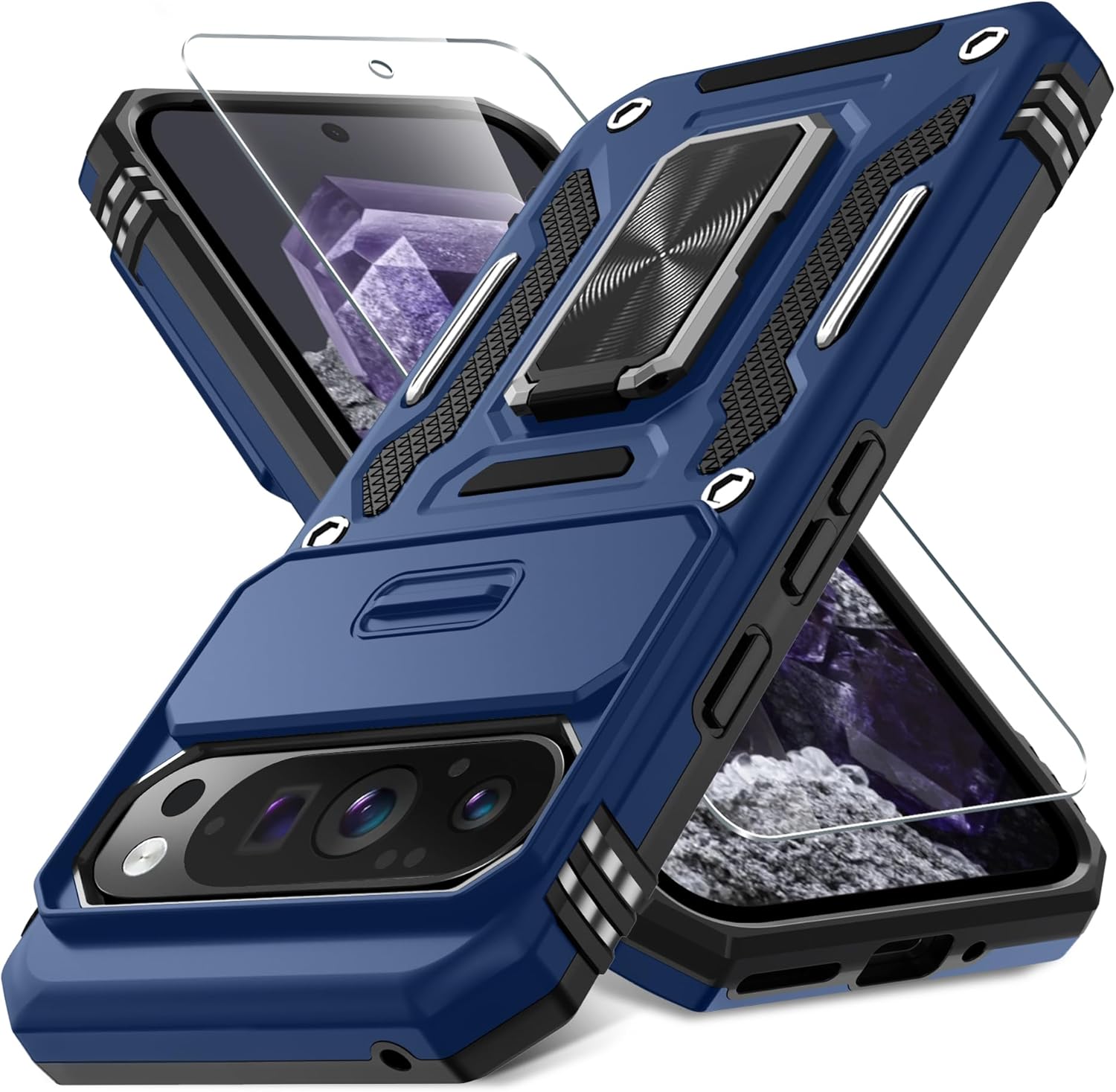 Custodia protettiva resistente con scivolo per fotocamera e supporto ad anello per Google Pixel 9 Pro