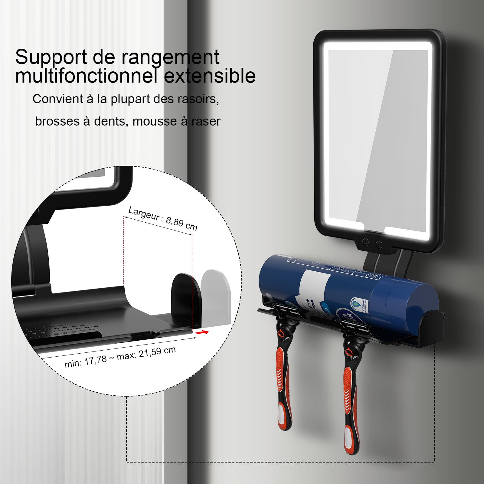 Miroir de Douche LED Anti-buée pour Le Rasage, Miroir Chauffant Anti-buée avec 3 Modes de Couleur (Noir)