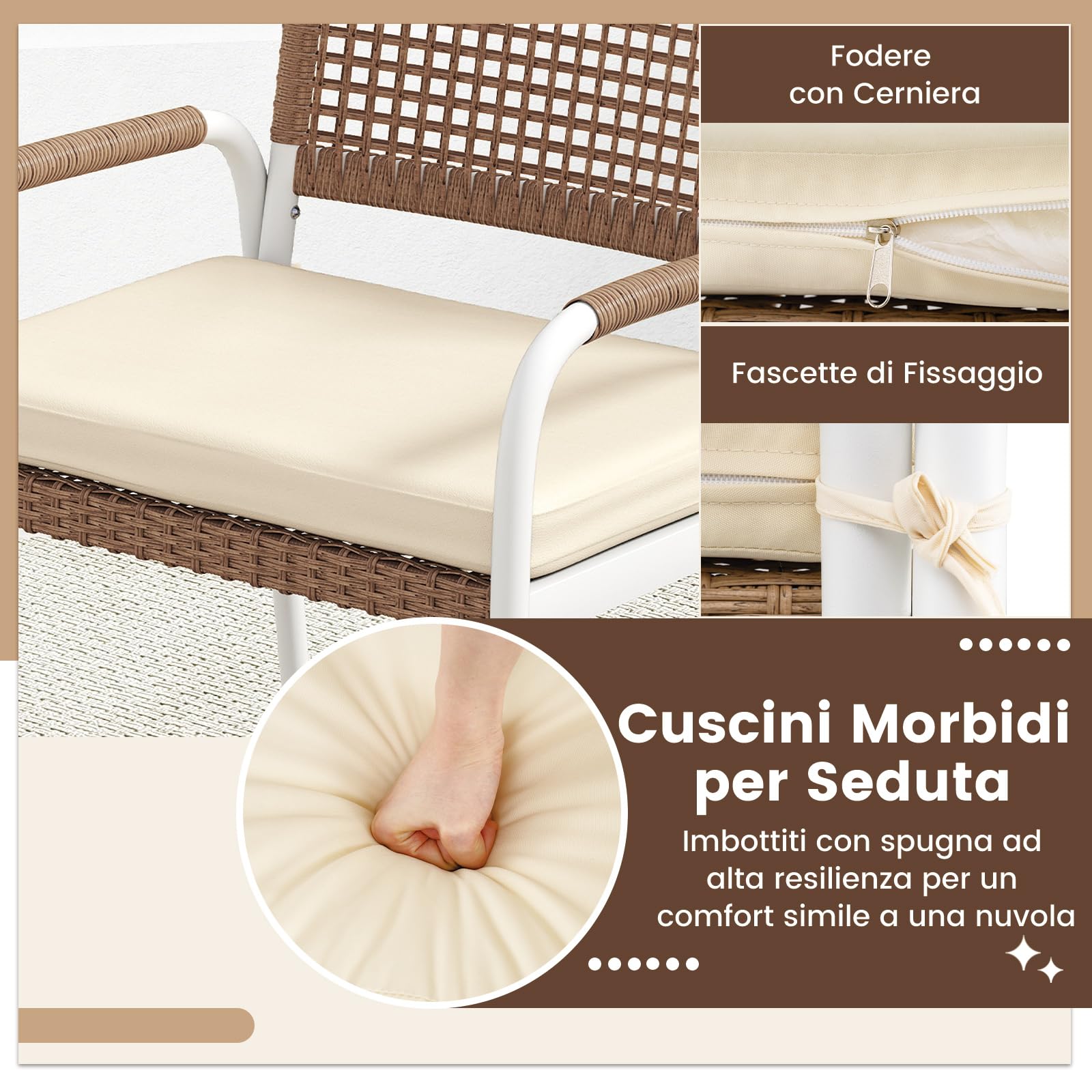 COSTWAY Set Salotto da Giardino 4 Pezzi, Divanetto in Rattan PE e 2 Poltrone con Cuscini Morbidi, Tavolo in Vetro Temperato, Set di Mobili da Esterno per Balcone, Veranda, Giardino e Cortile
