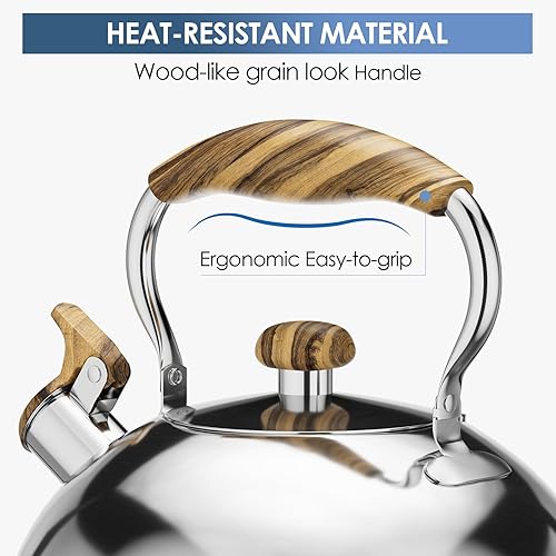 Miniatura 5 de Chefbar Hervidor de té, tetera silbante para estufa, tetera de acero inoxidable de grado alimenticio con mango de madera para cocina del hogar, 2.5