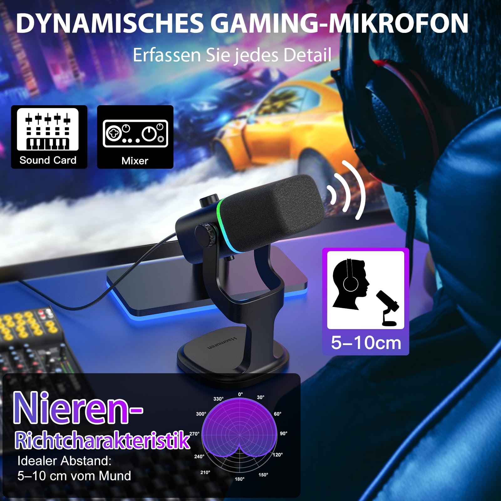 Haomuren Dynamisches Mikrofon XLR/USB für Gaming-Podcast, für *Phone,Telefon,PC,Gaming-Streaming-Mikrofon mit RGB-Licht, Stummschalttaste, Mikrofonverstärkung, Desktop-Ständer, Singen, YouTube