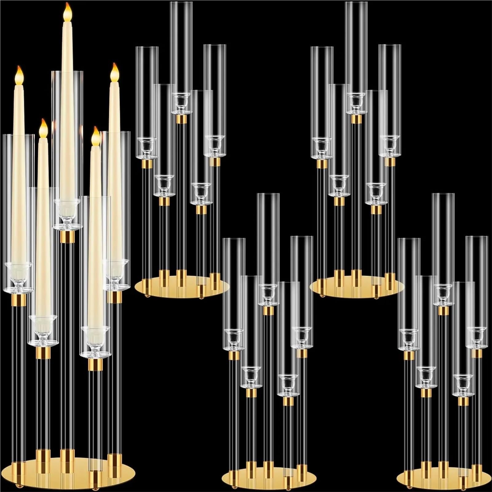 Portavelas Candelabros de Mesa Transparentes de Cristal de 5 Brazos con Pantalla