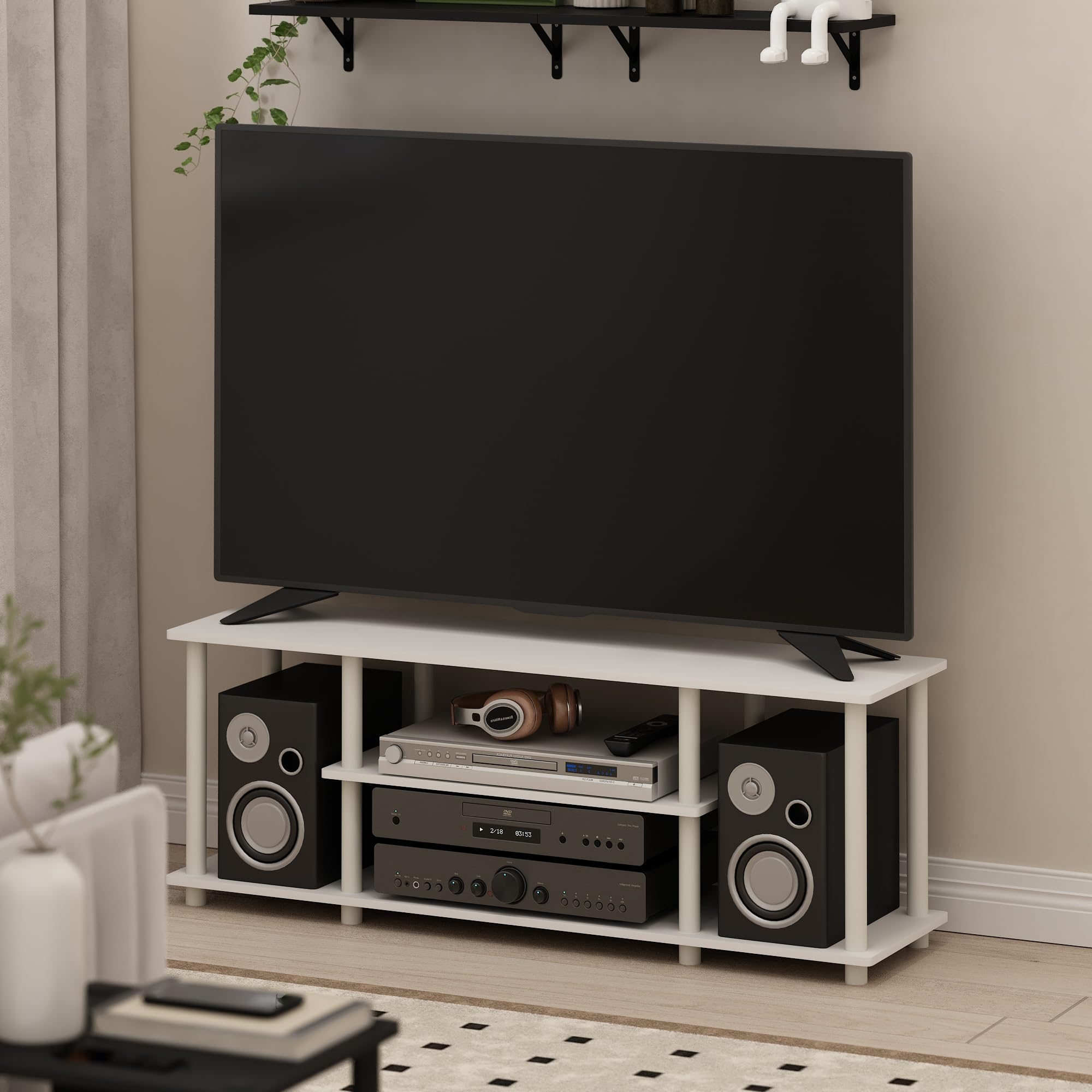 Furinno Turn-N-Tube Soporte para TV De 3 Niveles Sin Herramientas 3D Consola para TV De hasta 50 Pulgadas para Sala De Estar Y Dormitorio Color Blanco