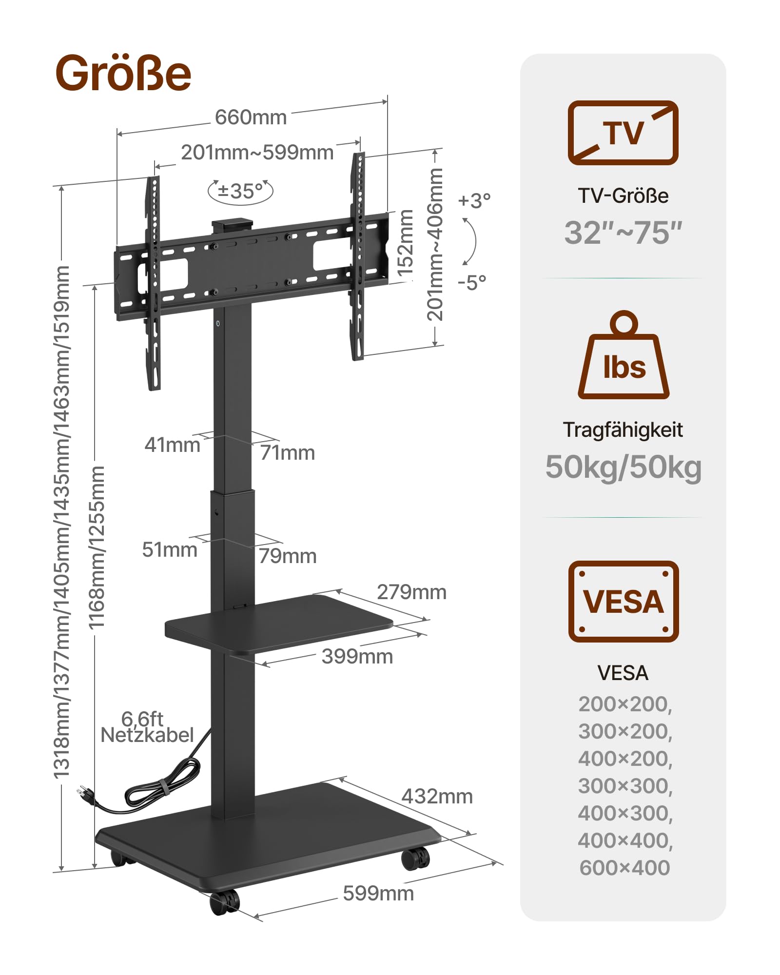 TV Ständer Rollbar mit Steckdose, 37"-75", 50kg, Max VESA 600x400 | TV Standfüße mit Versteckter Kabelverwaltung, Höhenverstellbar, Schwenkbar, Neigbar, ±3° Niveau, Einfache Montage, Schwarz