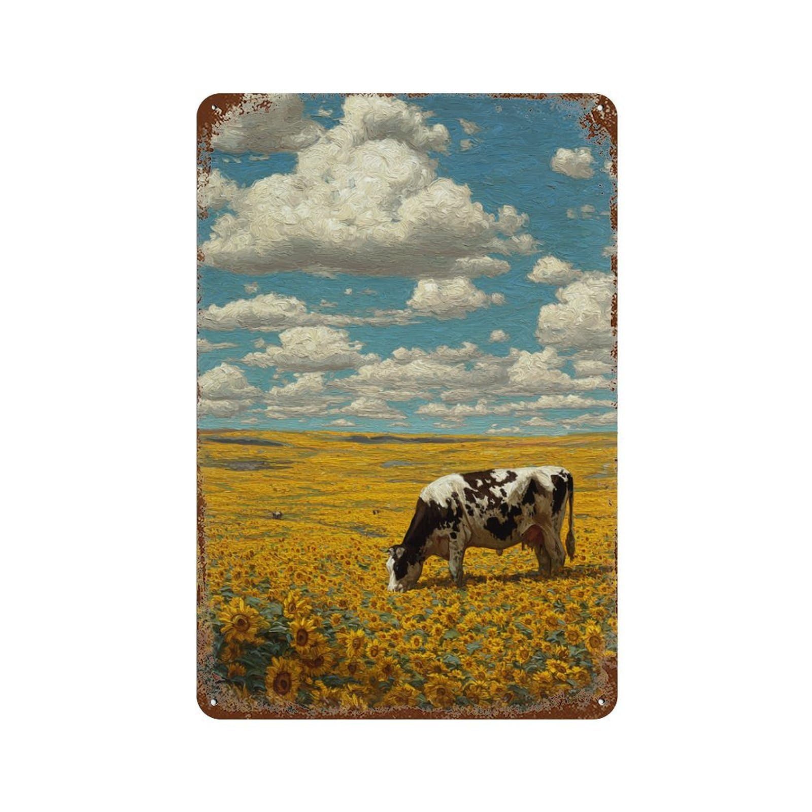 Vintage Rust Metal Sign Sunflower Field with Cow 11.8"x7.9", Novelty Wall Decor for Office, Studio And Wall Decor