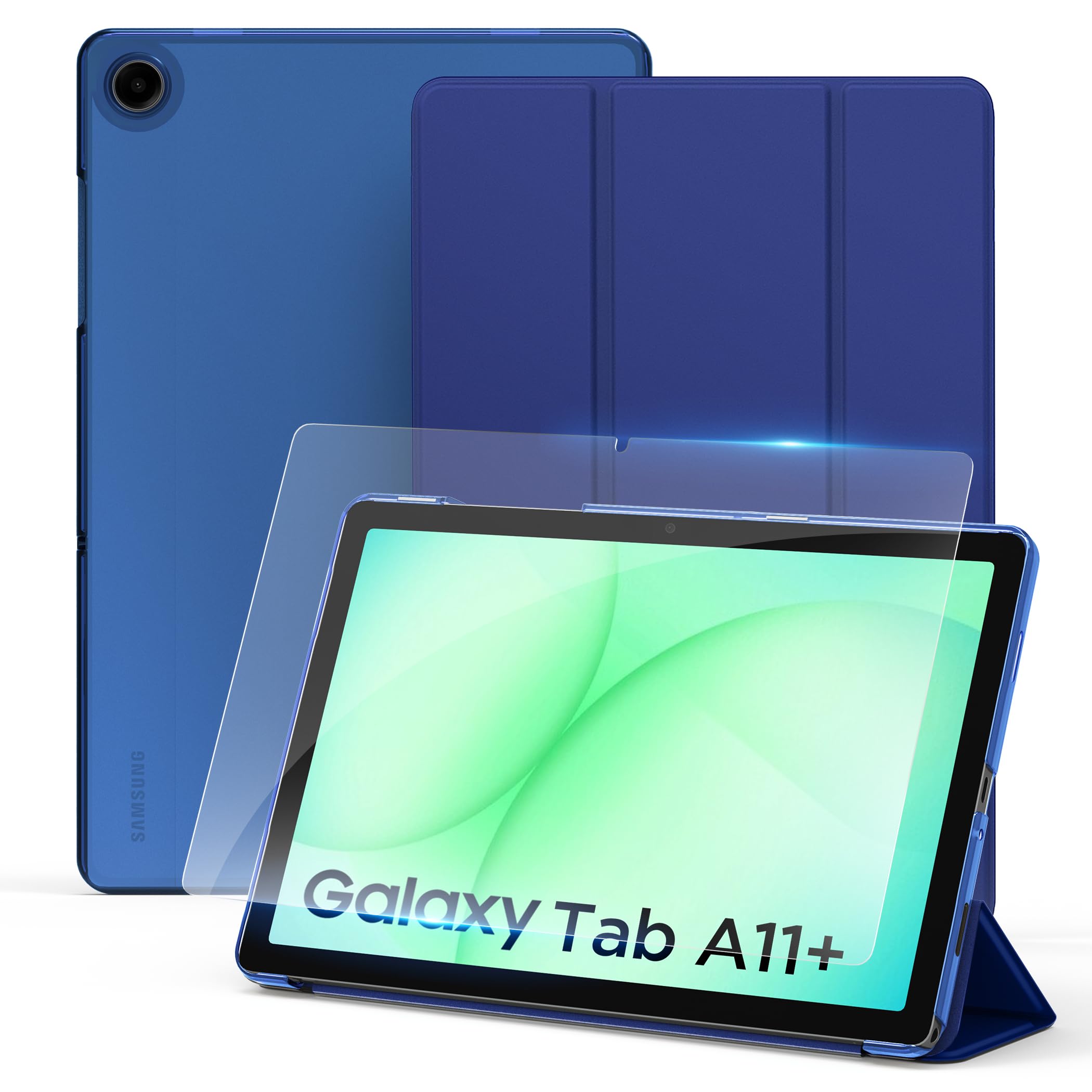 CACOE Case for Samsung Galaxy Tab A11+/ A9+ Plus 11 Inch 2025 with Screen Protector, Ultra Slim Stand Protective Smart Cover Hard PC Translucent Back Shell, Auto Wake/Sleep, Blue
