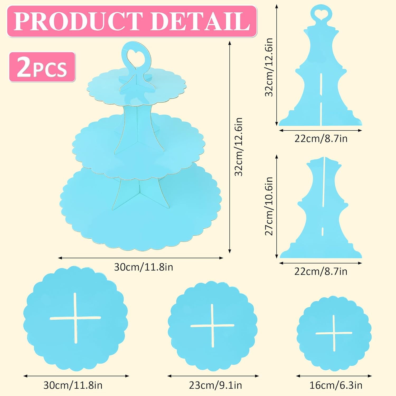 3-Tier Cupcake Stand 2 Pack Dessert Cup Cake Stand Tower Paper Round Cake Display Serving Plate for Anniversary Christening Disposable Pastry Holder for Birthday Wedding Party Decoration (SkyBlue)