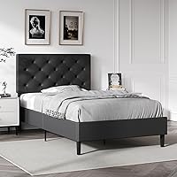 Vista 7 de Marco de cama individual con cabecero, marco de cama de plataforma tapizado en cuero sintético, marco de cama negro tamaño individual, soporte
