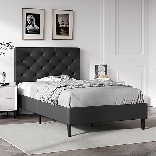Miniatura 7 de Marco de cama individual con cabecero, marco de cama de plataforma tapizado en cuero sintético, marco de cama negro tamaño individual, soporte de