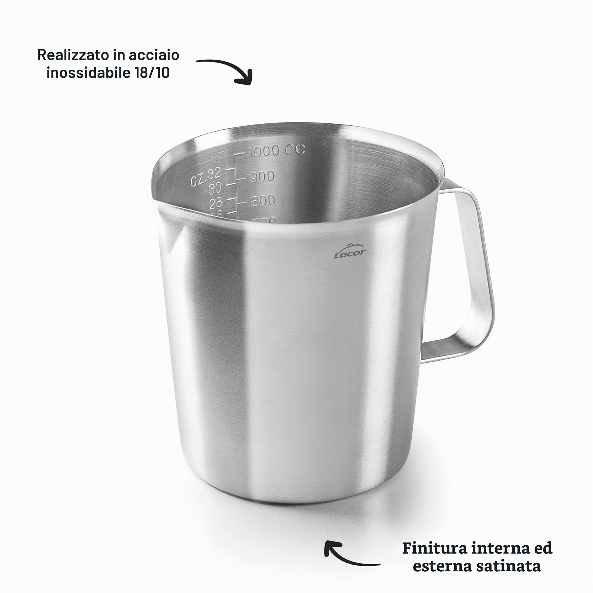 LACOR - 62741 - Caraffa graduata, misurino, misuratore dei liquidi, in acciaio inox, senza BPA, 11,5 cm, 1 l