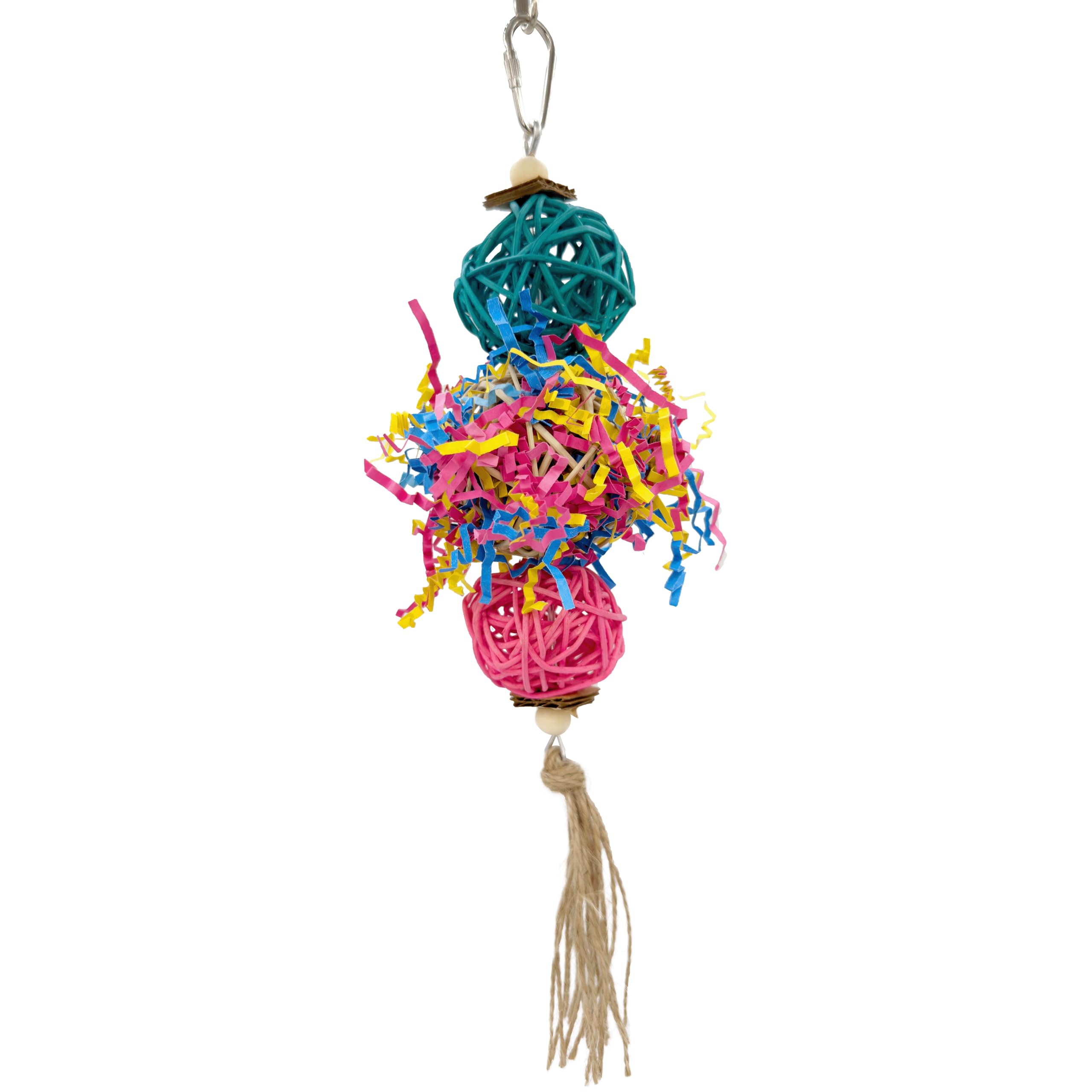 1701 Rainbow Rattan Bird Toy with Jute and Crinkle Paper – Shredding and Foraging Fun for Parakeets, Cockatiels, Conures, and Small Parrots – Natural Bird-Safe Toy for Cage Enrichment