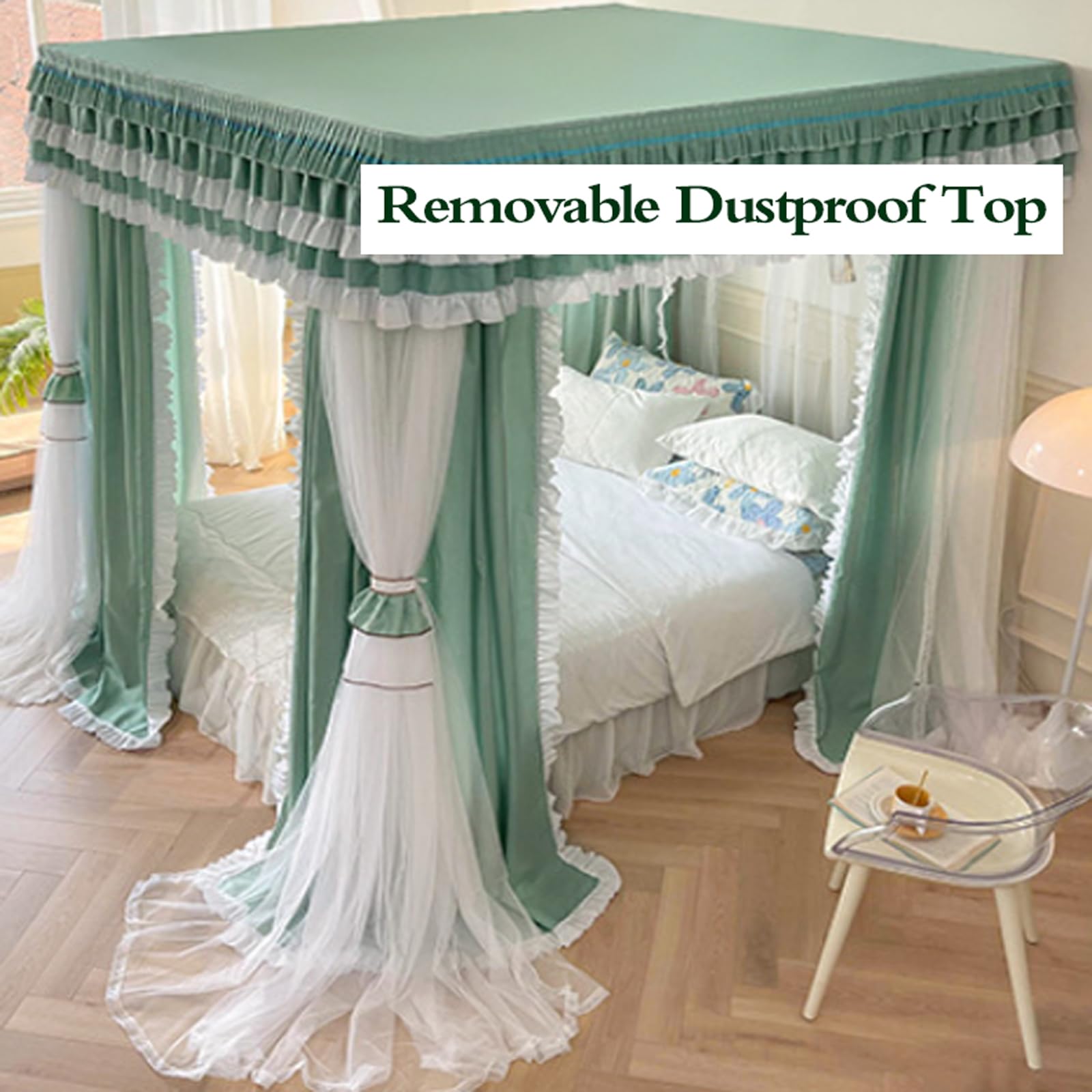 Four Poster Bed Canopy with 3 Doors, Soft Polyester Mosquito Net & Dust Cover for Double Beds, Easy Access Privacy Drapes for Bedroom Decor, Kids Girls Adults, Stylowy ekran z przekąską w pokoju