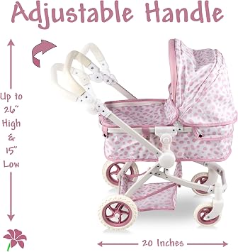 عربة أطفال قابلة للتحويل للدمى - لعبة Bassinet Buggy للأطفال الصغار 3 سنوات وما فوق ، مقعد قابل للتعديل والتعامل مع سلة التخزين ، تصميم Pink Polka Dot للأطفال