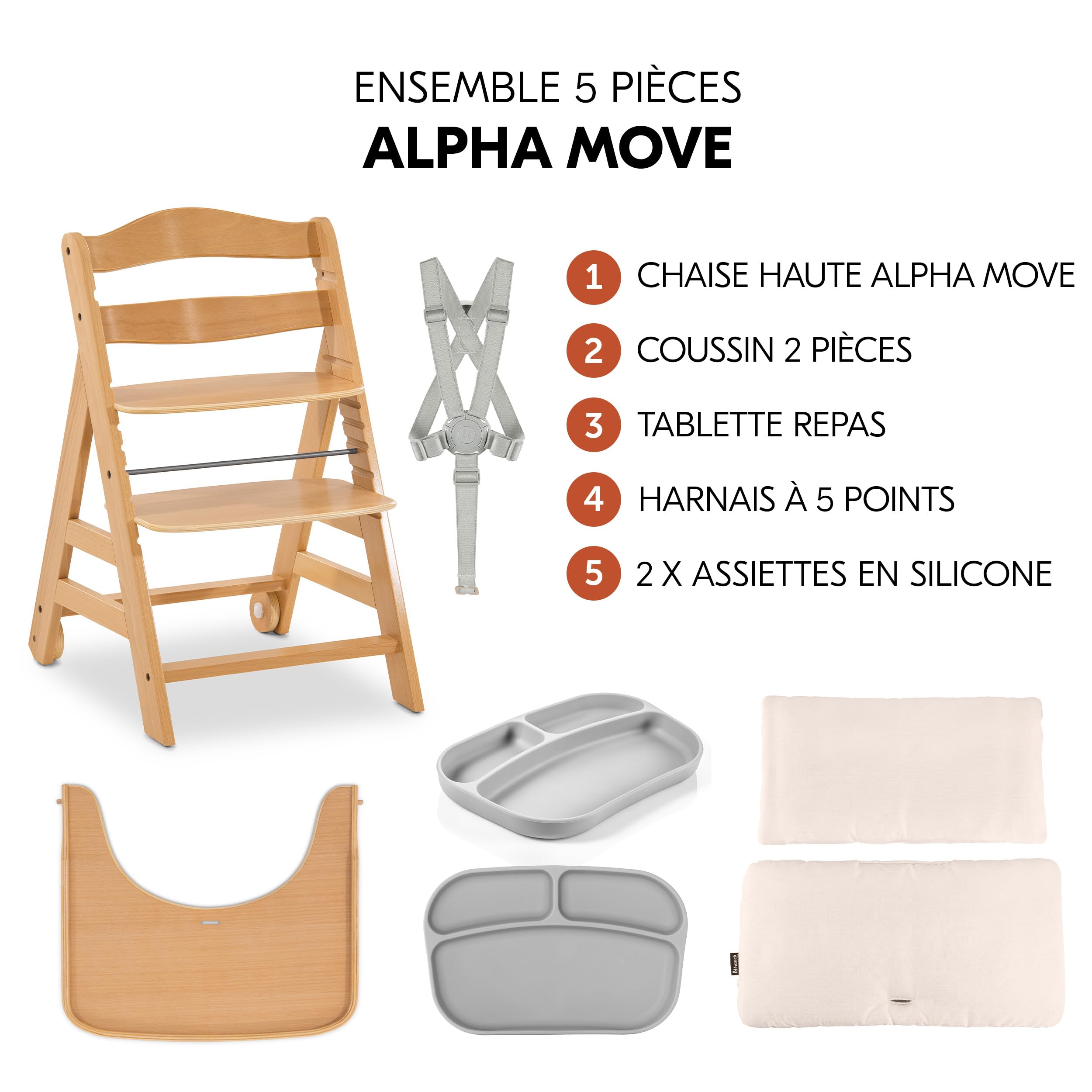 hauck Chaise Haute Bébé Évolutive Alpha Move Set jusqu'à 90 kg - Beige | Chaise haute bois de hêtre avec coussin, 2 assiettes silicone, tablette repas, harnais 5 points, roulettes, dès 6 mois