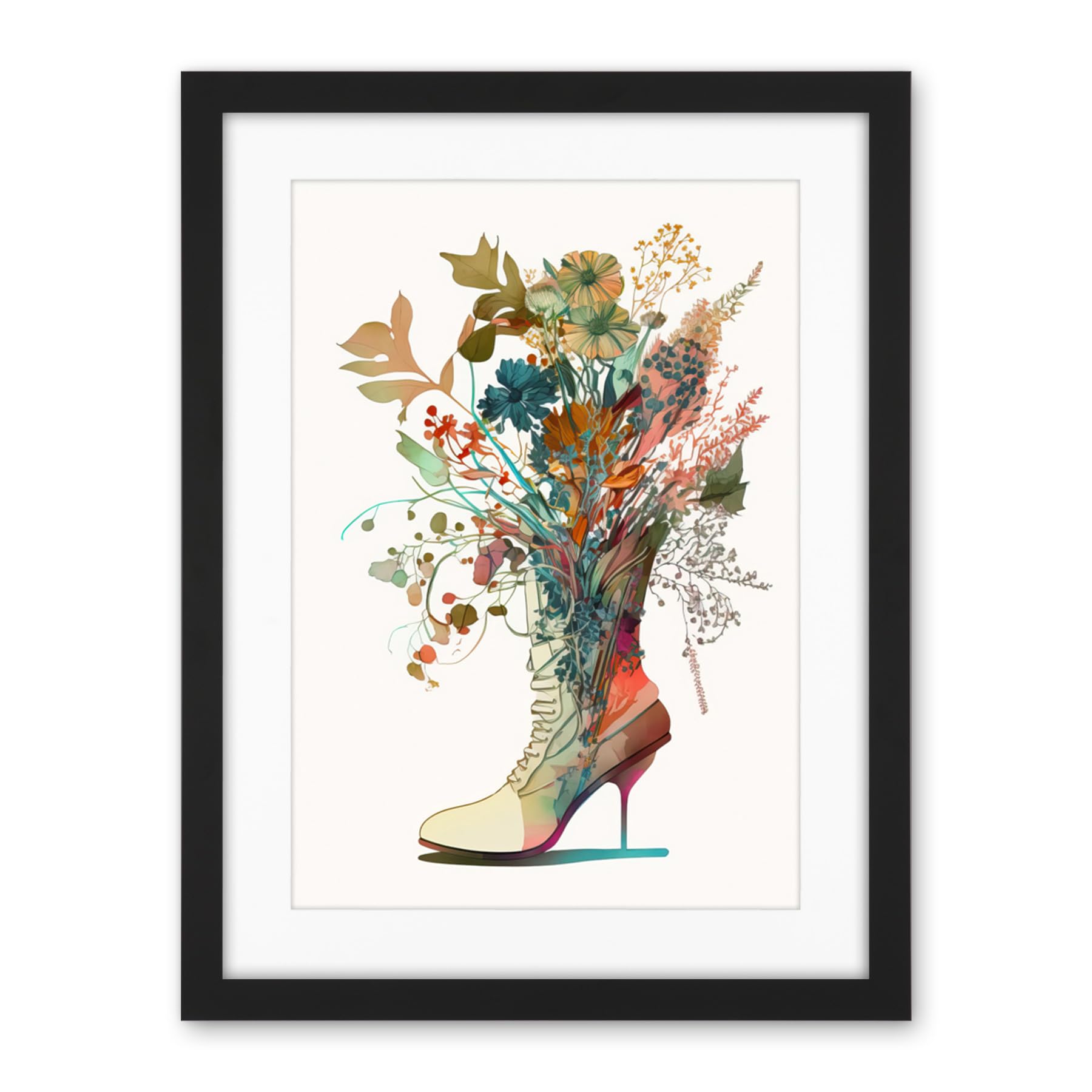 Artery8 Wildflower Bouquet in a Stiletto Heel Combat Boot Artwork Framed Wall Art Print 18X24 Inch