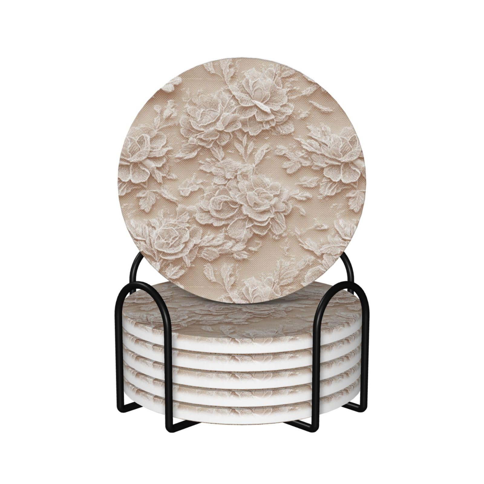 White Romantic Lace Ceramic Coasters with Holder 6ps