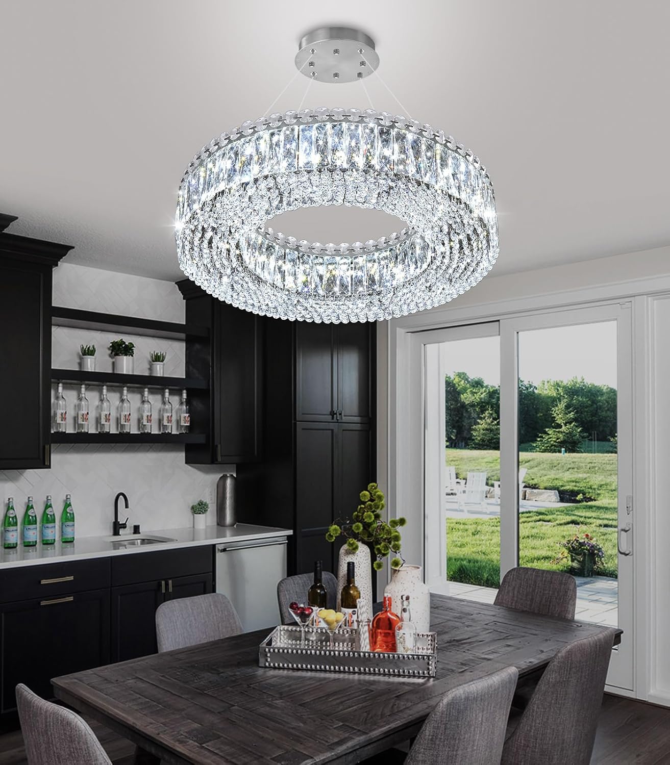 Modern Crystal Pendant Lighting for Dining Room LED Dimmable Chandeliers Crystal Ceiling Light Fixtures for Living Room Foyer Hallway Entryway Silver