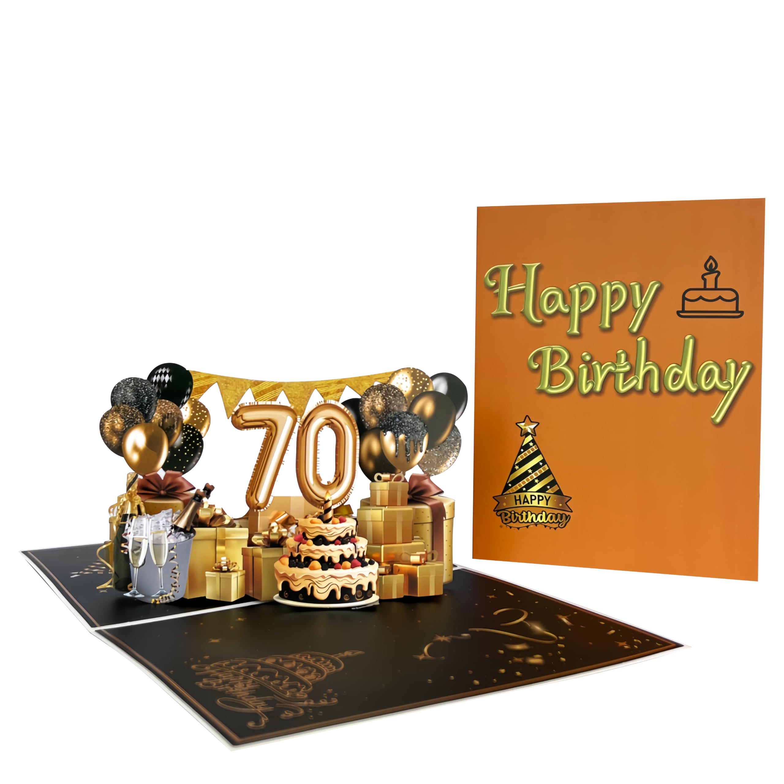 SwammCard 70th Birthday Pop Up Card, Elegant Black Gold 3D Design