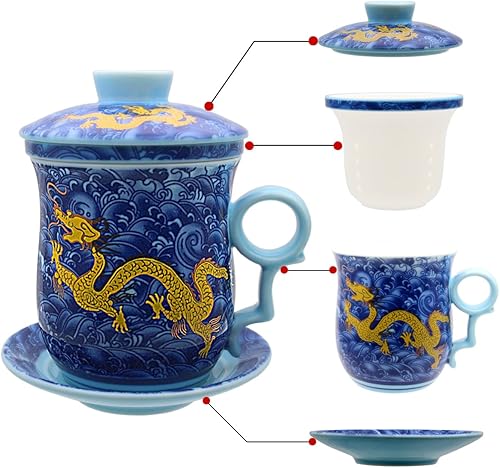 Taza de té de porcelana con tapa de infusor y juegos de platillos  Taza de café de cerámica china Jingdezhen Taza de té de hoja suelta Sistema de