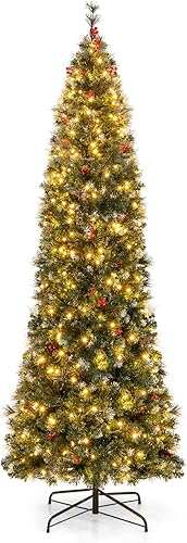 GOFLAME Árbol de Navidad preiluminado de 8 pies, árbol de Navidad artificial con bisagras con agujas de pino, 1168 puntas de rama, 420 luces LED y
