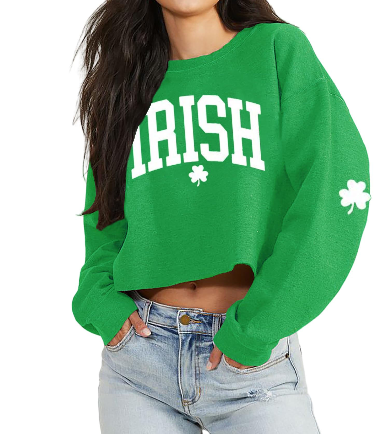 St Patrick's Day Crop Tops for Women Irish Shamrock Graphic Shirt Funny Lucky Clover Long Sleeve T-Shirt Tops