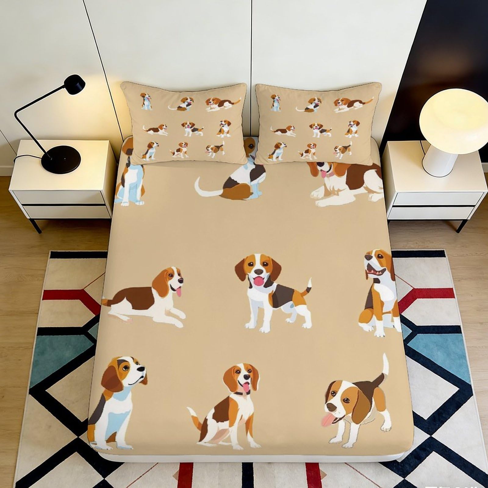 3D Printed Beagle Dog Pattern Fitted Sheet Microfiber Mattress Cover Cartoon Puppy Bed Sheet for Bedroom Dorm Decor 90x200x25cm