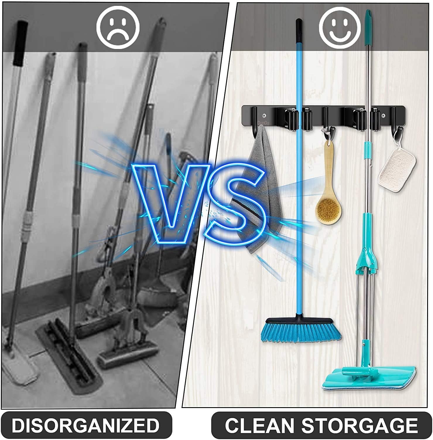Broom and Mop Holder Wall Mounted, Heavy Duty 2 Slots 3 Hooks Holds Up to 10 Tools, Store Cleaning and Gardening Tools, Organize Kitchen, Garage, Landry, Storage Rooms (2packs)