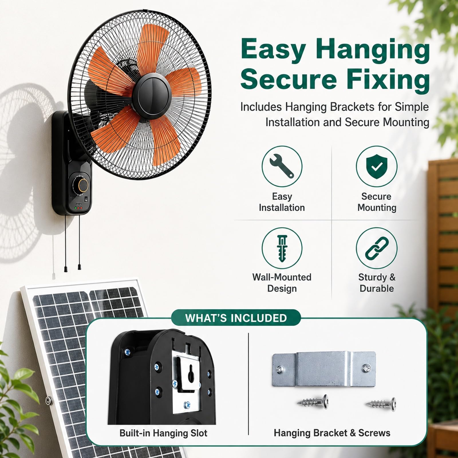 Ventilador Solar de Pared, Ventilador Oscilante y Silencioso de 16 Pulgadas, Sin Consumo Eléctrico, 5 Aspas y 3 Velocidades, para el Hogar, Invernaderos, Garajes y Patios