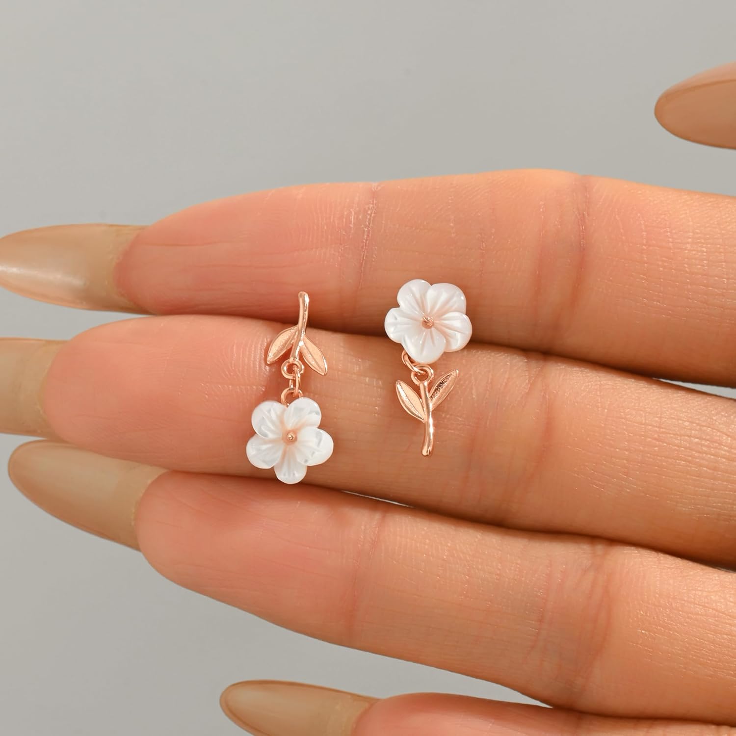 Flower Earring for Women,925 Sterling Silver Dainty White Shell Pearl Flower Stud Earrings to Daughter 14k Gold Plated Leaf Dangle Drop Earrings for Hypoallergenic Birthday Mother's Day Jewelry Gift