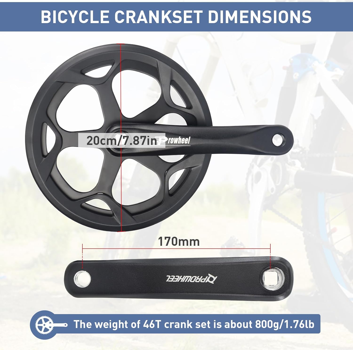 Prowheel Bike Crankset 46T/48T/52T - 170mm Universal Square Crankset Set Double Chain Cover 170MM Crank Aluminium Alloy Arm for Single/1/6/7/8 Speeds City Bike,Fat Bike,E-Bike,Folding Bike