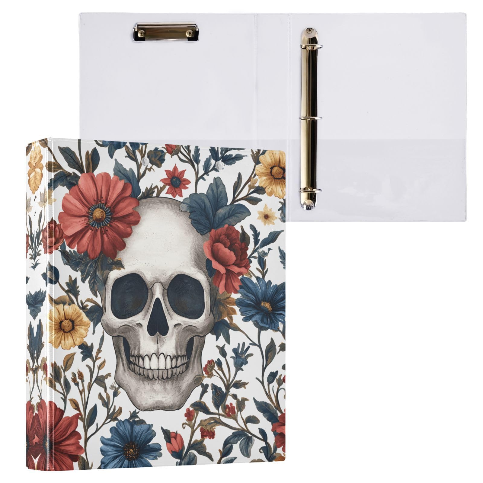 Confezione da 2 raccoglitori a 3 anelli, con teschio e margherite, 3,8 cm, con 3 tasche trasparenti, portablocco e contiene 200 fogli, per ufficio, scuola, casa