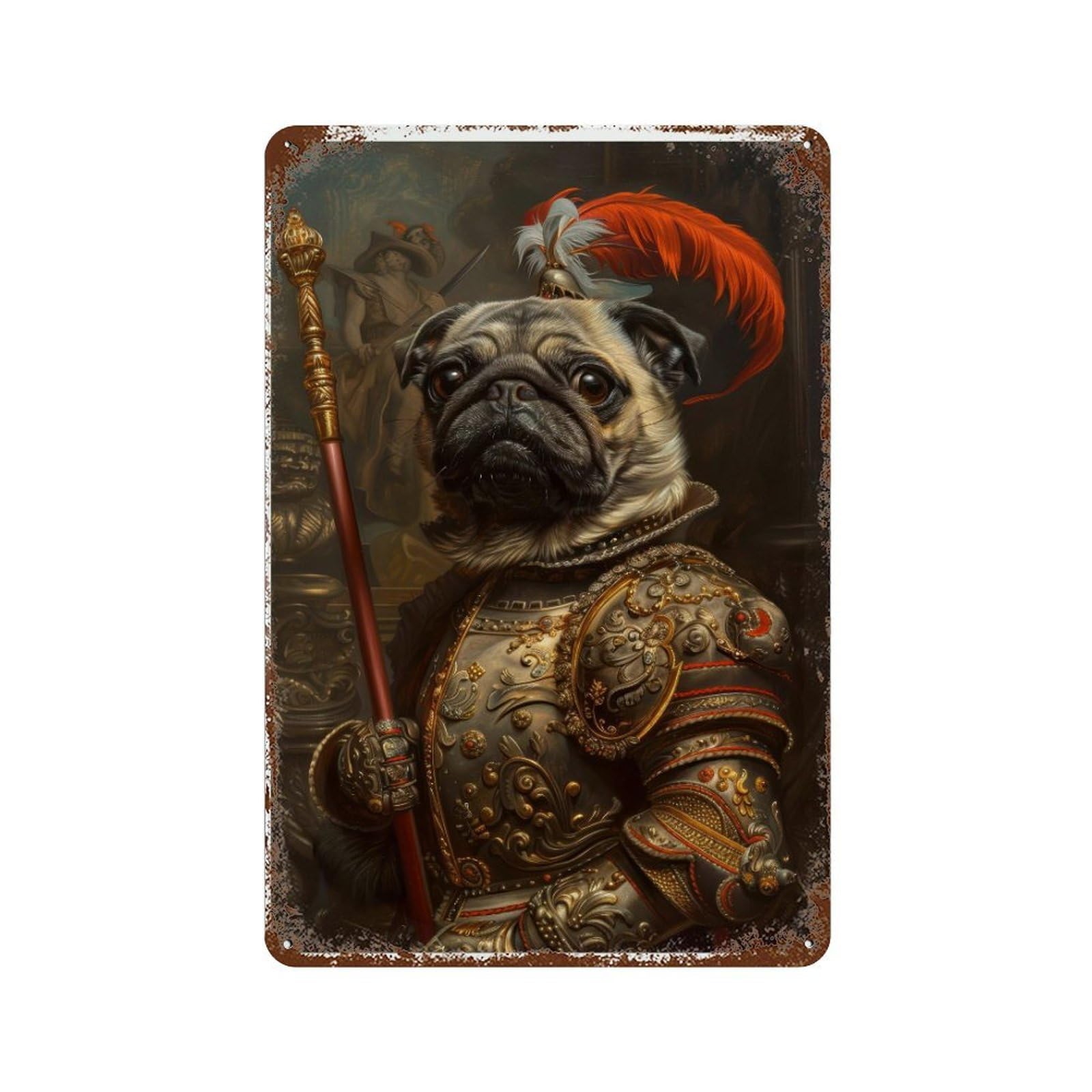 Renaissance Military Pug Dark Academia Gothic Antique Dog Portrait Victorian Era Rustic Vintage Wall Decor Art Metal Tin Poster Modern Home Decor Art Home Bar Shop Decorations Vintage Sign 30x20cm