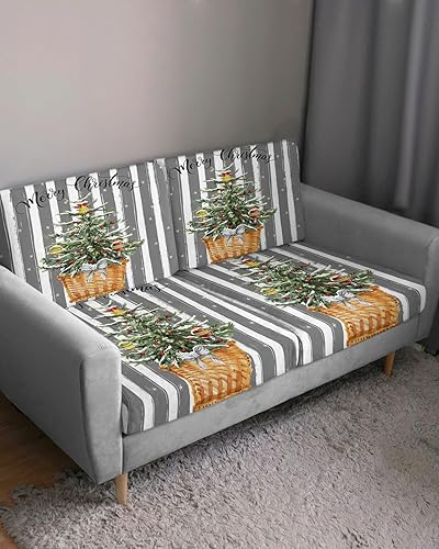 Miniatura 3 de Grey Christmas Couch Cushion Covers, Stretch Sofa Cover with Elastic Bottom, Xmas Tree Balls Snowflake Gray Striped Sofa Slipcovers Protector