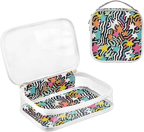 Miniatura 3 de Y2k 21214969 - Neceser transparente vintage con diseño de rayas y estrellas, paquete de 2 bolsas de cosméticos de maquillaje con cremallera, bolsa