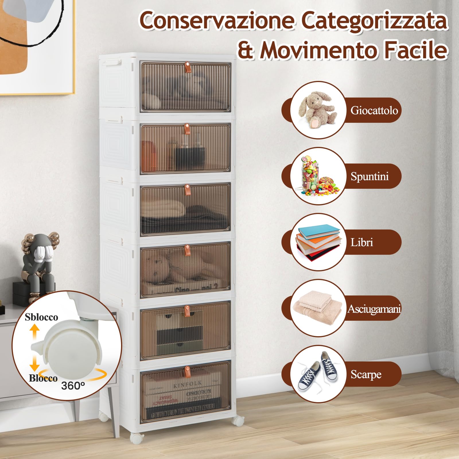GYMAX Scatole Impilabili con Ante, Contenitori di Plastica Pieghevoli, Scarpiera Modulare con 4 Ruote per Scarpe, Vestiti, Giocattoli, Asciugamani (L)