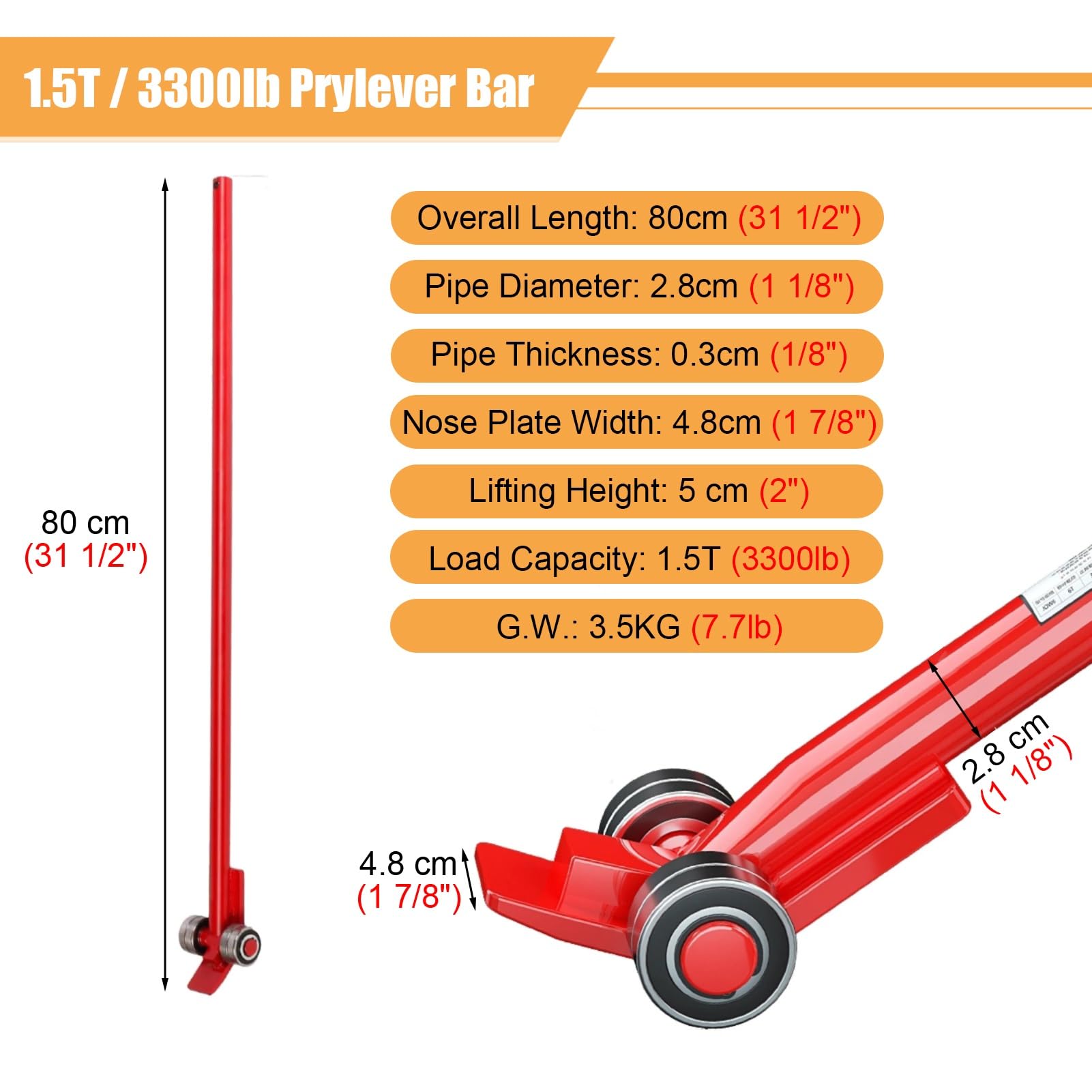Hebelstange mit Rollen Hebelstangenlast 1,5/3/5 T, Schwere Industrie-Hebelstange mit Rädern & Rutschfesten Handschuhen, Handwerkzeug-Hebelstange zum Heben und Handhaben ( Size : 1.5T/3300lb )