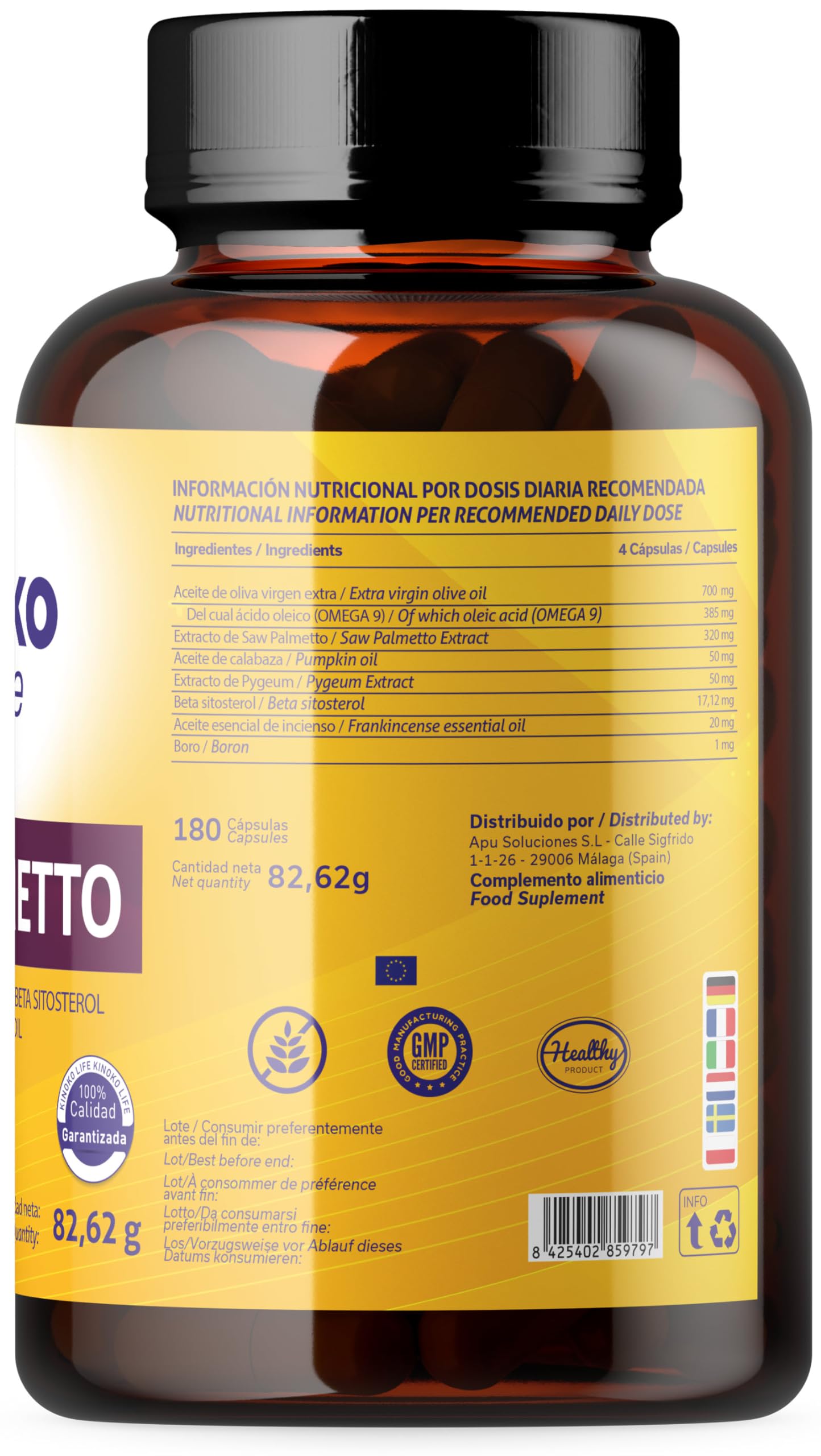 Kinoko Life Saw Palmetto - Serenoa Repens 320 mg 180 capsule. Estratto lipidosterolico puro 85-95%. con Omega 9, Olio di Semi di Zucca, Pygeum Africanum, Serenoa Repens Capelli e Prostata.