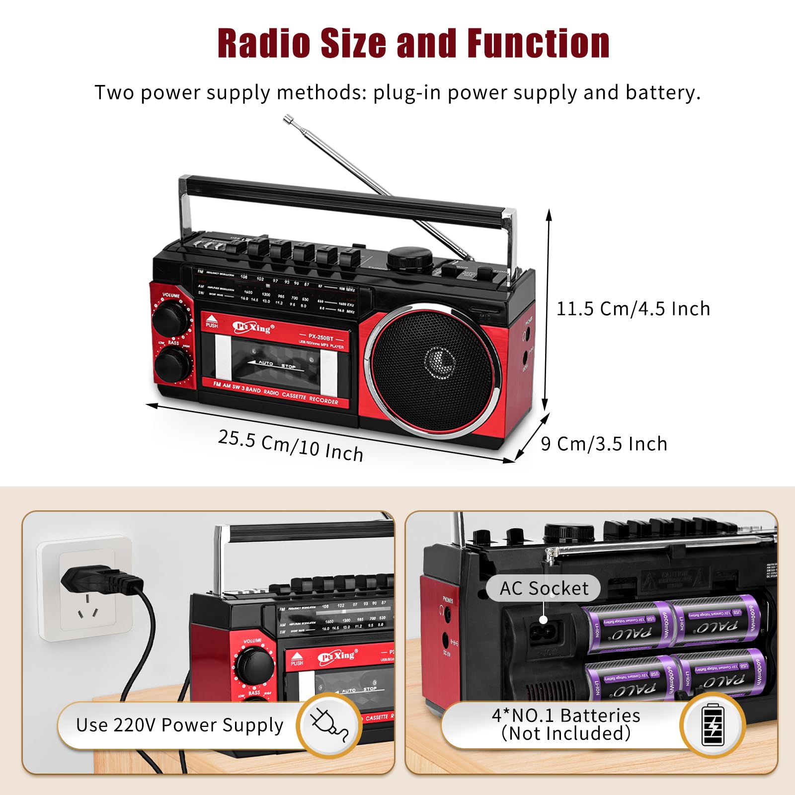 Kassettenspieler, tragbarer Kassettenspieler, kompatibel mit FM/AM/SW Frequenzbandrekorder, kompatibel mit Kassette/Bluetooth/Karteneinführung/Aufnahme