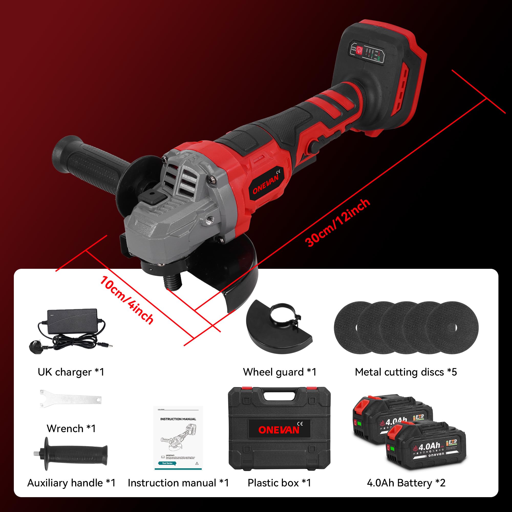 ONEVAN amoladora angular inalámbrica profesional 125mm 20V sin escobillas 4.0Ah batería doble, amoladora angular de 8000 RPM con tapa de cierre rápido, mango antivibración, juego de disco de corte