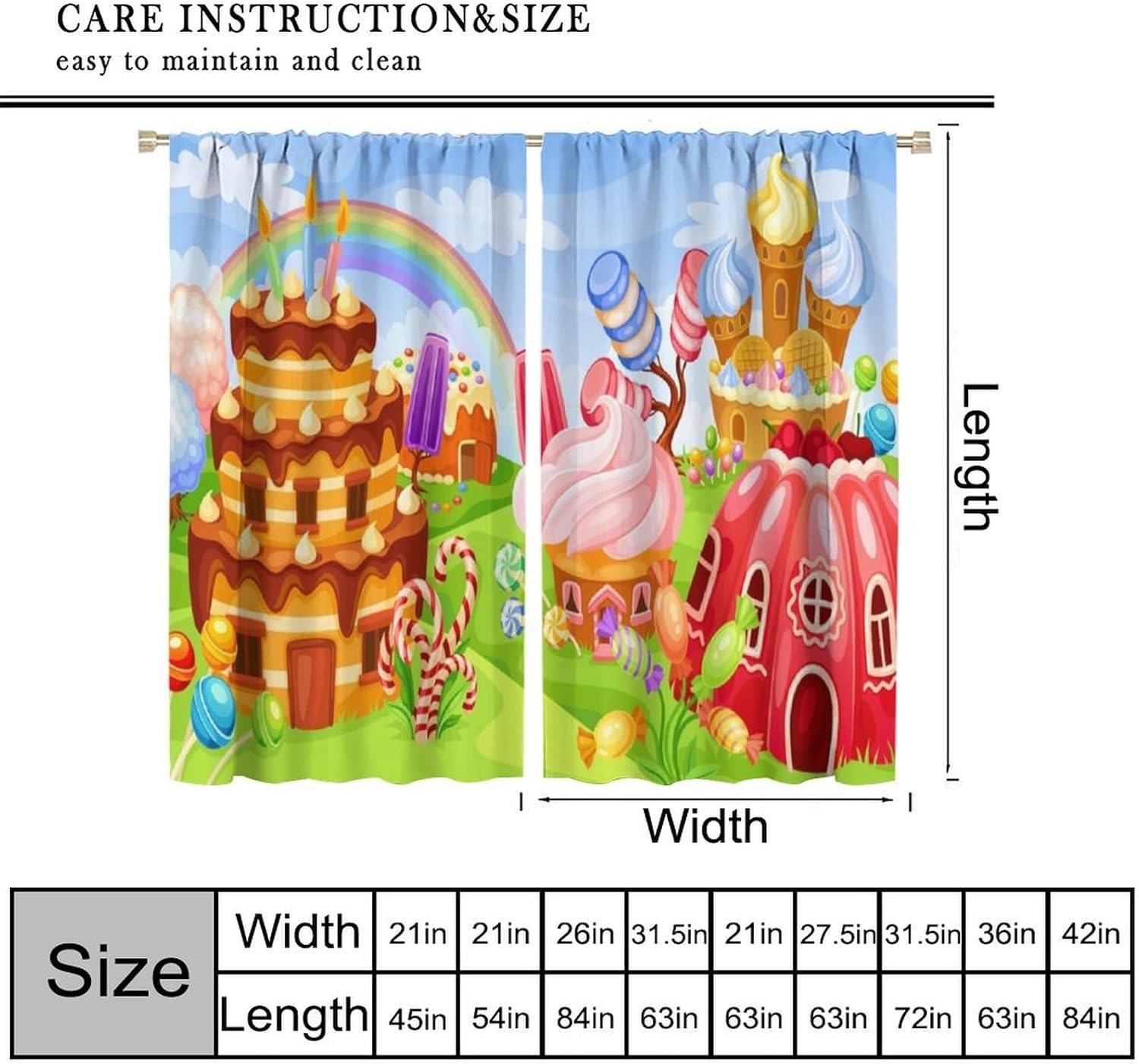 Cartoon Sweet Candy Curtain Ice Cream Candies Dessert Lollipop Cupcake Fairy Tale World Rainbow Printed Rod Pocket Blackout Window Drapes for Kids Bedroom Living Room 42" W X 45" L