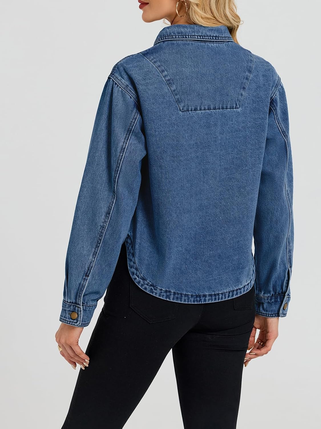 Denim Jacket Women Long Sleeve Cropped Jean Shirt Jackets Lightweight Button Down Casual Shacket Shirts with Pockets - Image 6