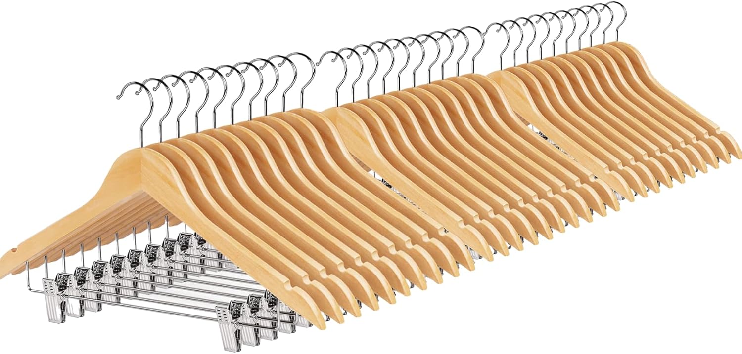 Natural Wood Color Wooden Hangers 30/20/10Pack, with 2 Clips,15.75 Inches × 11 Inches Solid Wood Coat Hangers, Suitable for Coats, Shirts, Jackets, Pants, Suits, Natural Wood Finish (30)