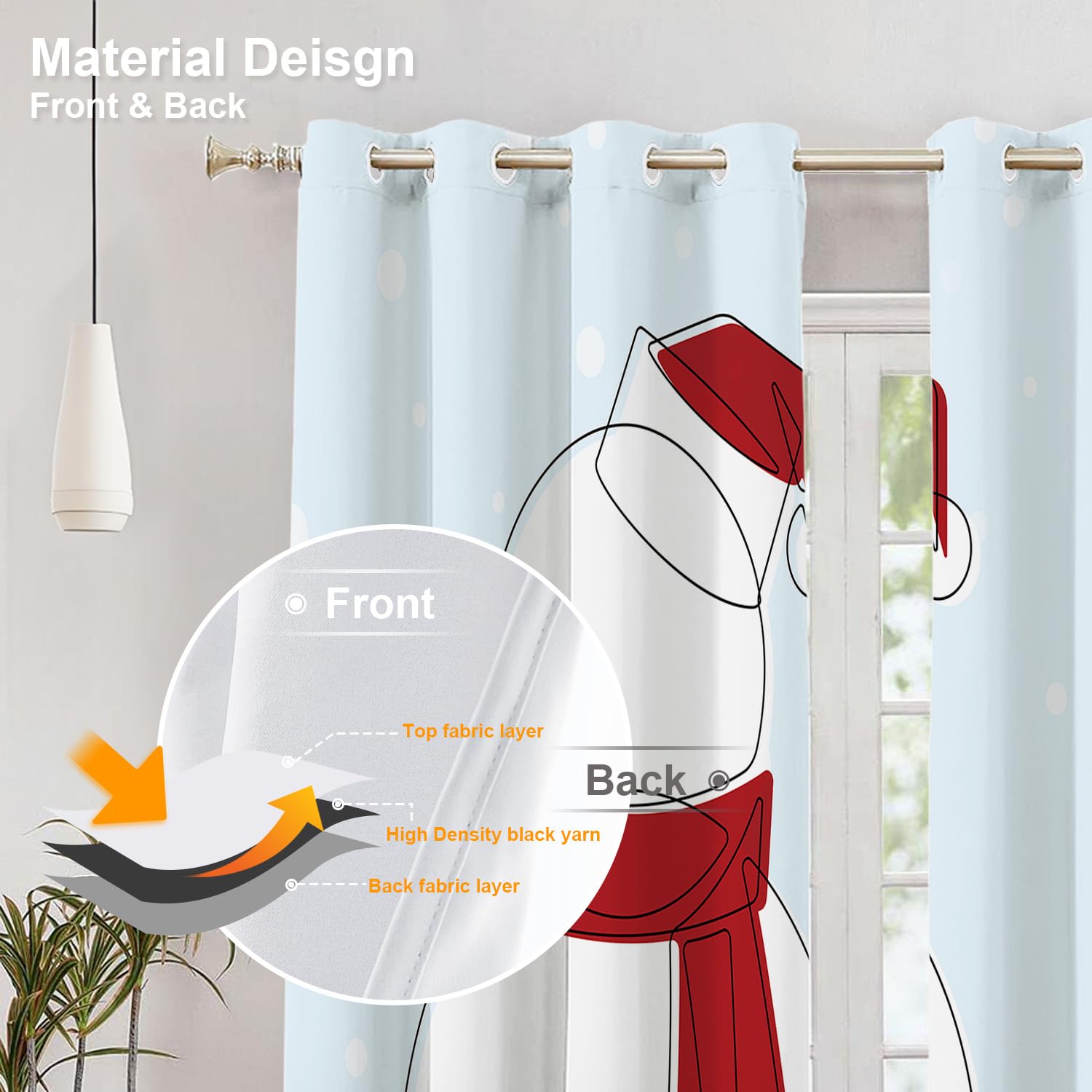 BaoNews Snow Man Bedroom Curtains,Continuous Line T Cartoon Christmas Blackout Polyester Grommet Window Treatment Drapes for Living Room, 2 Panels 52X63 Inches