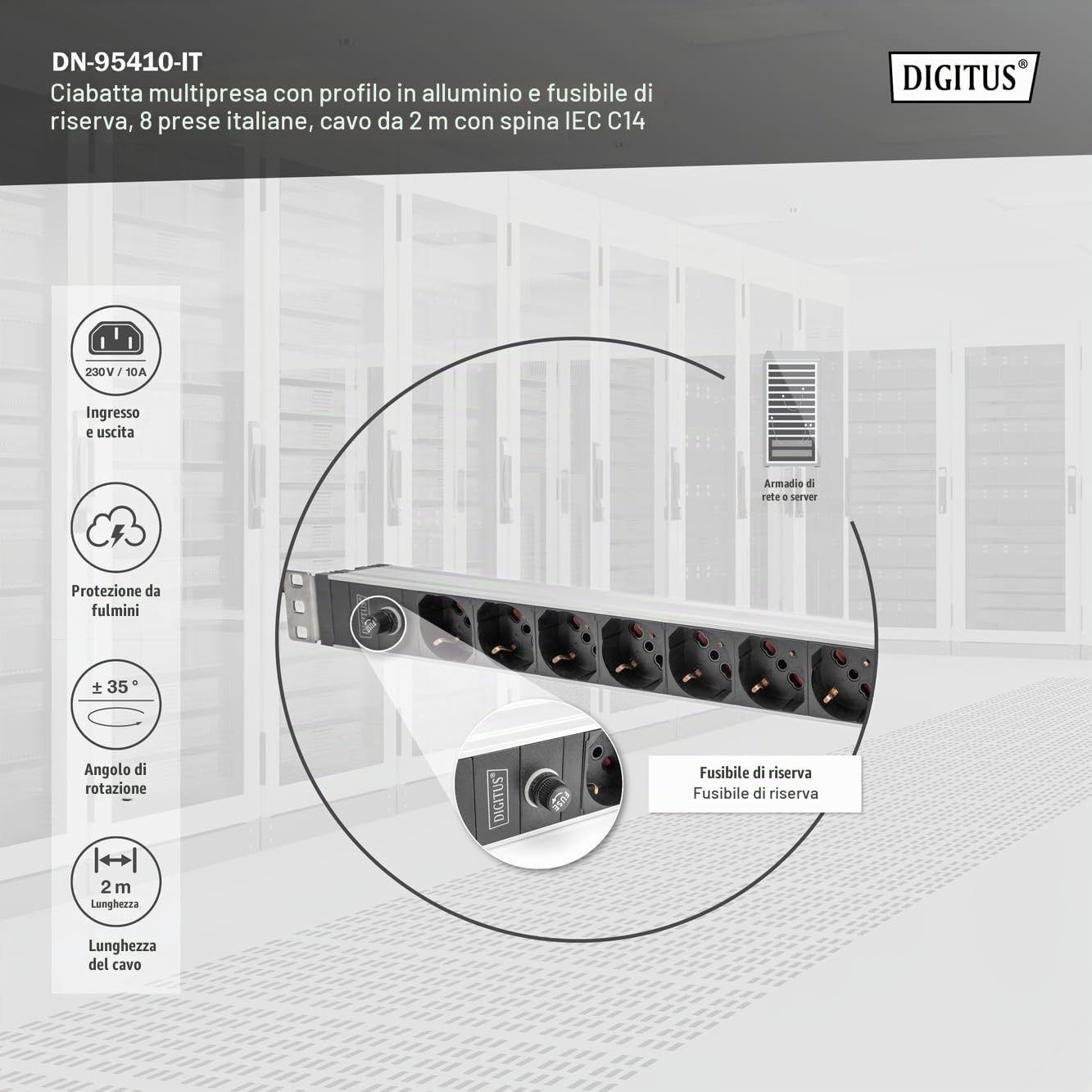 Multipresa Digitus Con Profilo In Alluminio E Prefusibile, Uscita Italiana 8 Vie, Linea Di Alimentazione 2 M Spina Iec C14