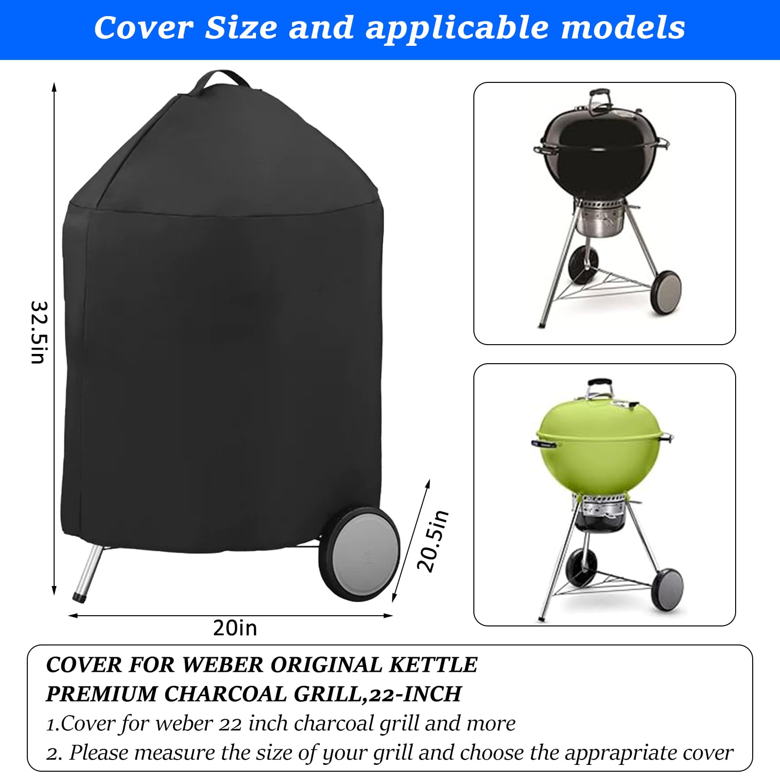 JUEQIGJ Round BBQ Grill Cover for 18 Inch Charcoal Grills Waterproof, Fade Resistant, UV Resistant Kettle BBQ Grill Cover with Hook & Loop Strap, Dome Smoker Cover, Black (18in)